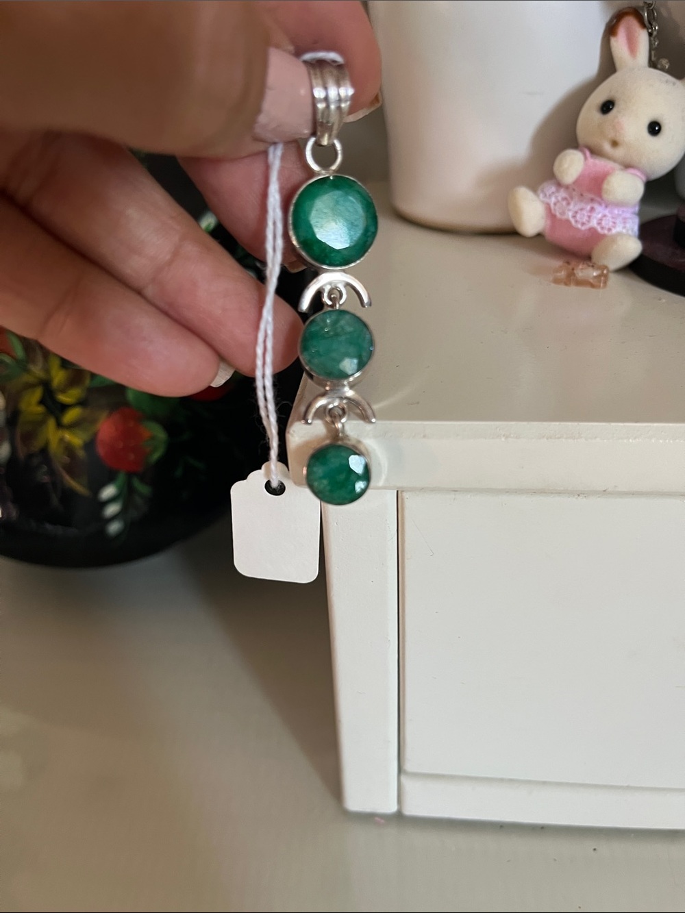 Silver Green Triple Stone Pendant Necklace - Unbranded